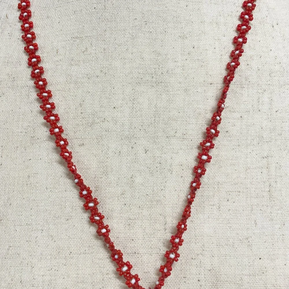 Handmade‎ Beaded Folk Art Necklace | Colorful Boho Woman Pendant | Red Seed Bead